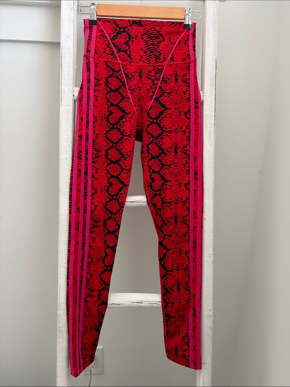 adidas Red and Black Snake-Print Leggings with Pink Accents